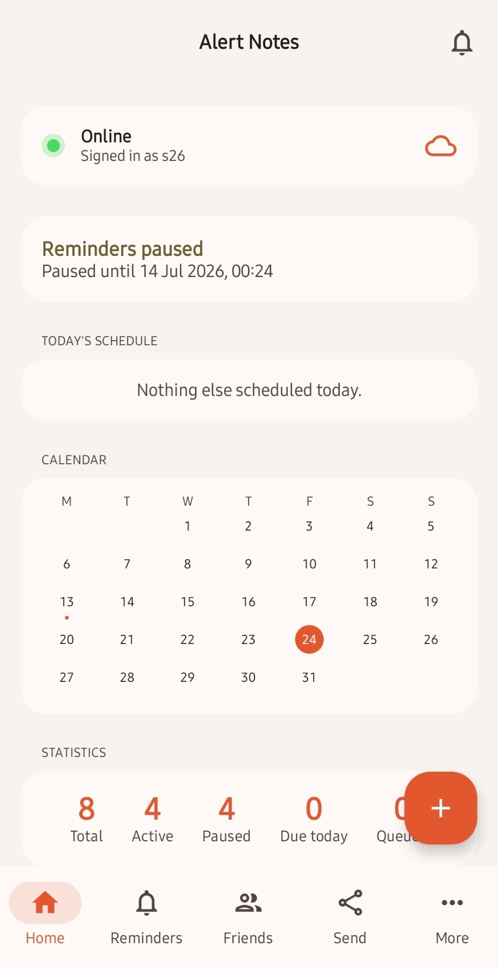 Alert Notes home screen — cloud-synced reminder dashboard