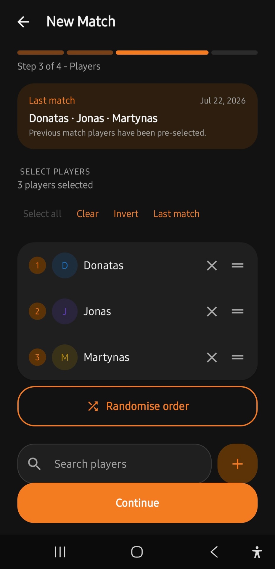New match — player selection