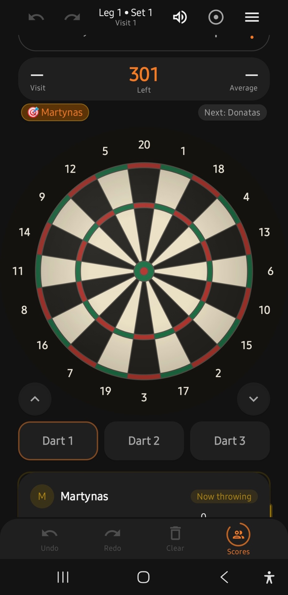 Dartulator board screen