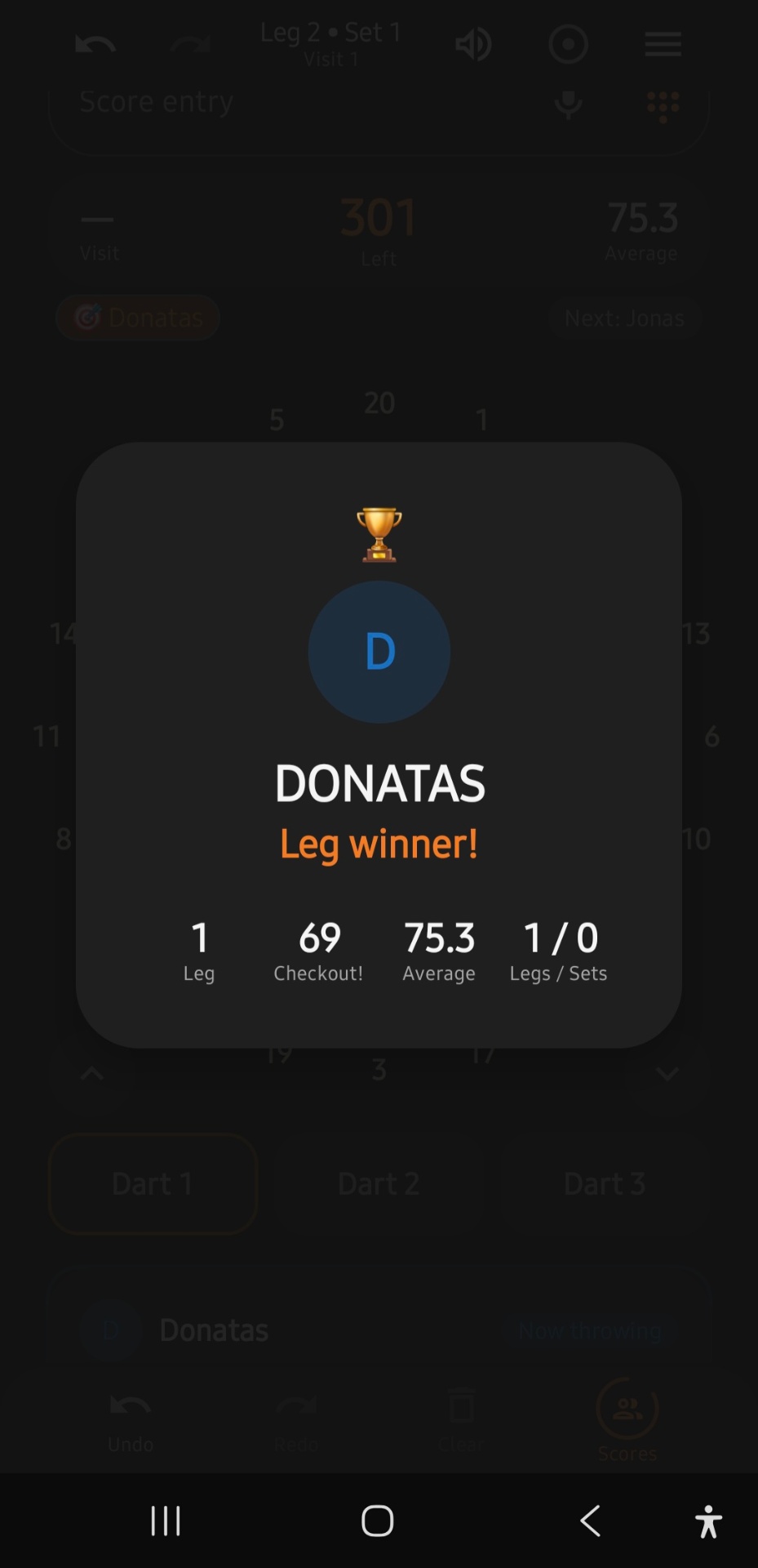 Leg winner celebration